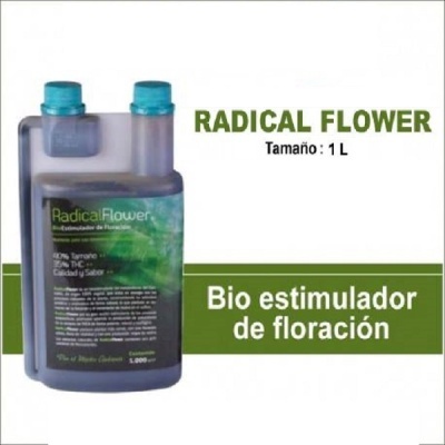 Frasco de Radical Flower com rótulo verde e texto em espanhol
