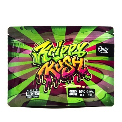 Embalagem colorida estilo graffiti PRiPPS KUSH com informações de CBD e THC