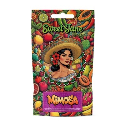 Embalagem colorida com ilustração de mulher e frutas com texto Sweet Jane e MIMOSA