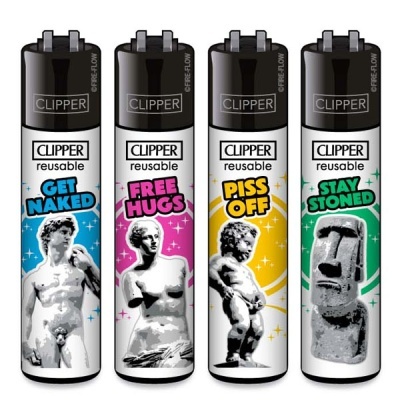 Quatro isqueiros Clipper reutilizáveis com tampas pretas e imagens de estátuas clássicas e texto colorido