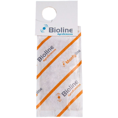 Embalagem de papel branca com texto Bioline AgroSciences e Montyline e riscas laranja