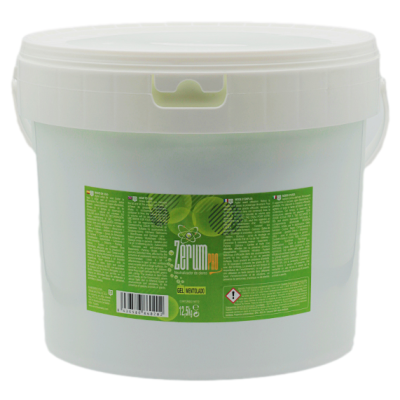 Balde branco de plástico com rótulo verde de Gel Mentolado Zerum PM