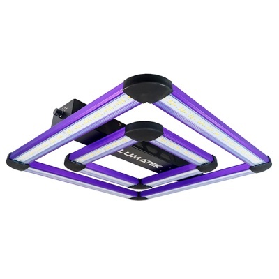 Luz LED quadrada para crescimento de plantas, barras púrpuras e painel preto com texto LUMATEK