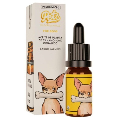 Frasco com rótulo amarelo e caixa branca de óleo CBD para cães sabor salmão