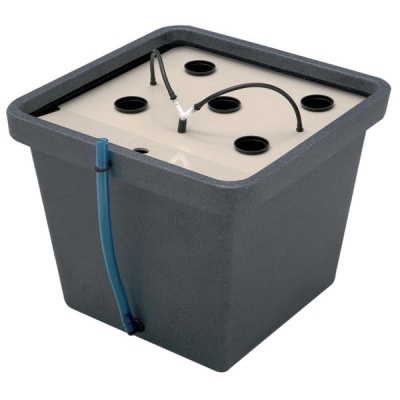 Recipiente para cultivo hidropónico com tubos e tampa beige e cinzento
