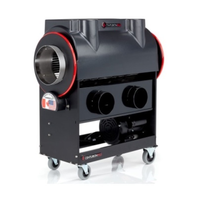 Máquina industrial preta com detalhes vermelhos e rodas