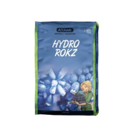 Saco azul Atami Hydro Rokz 40L com pedras azuis e ilustração de mulher com plantas