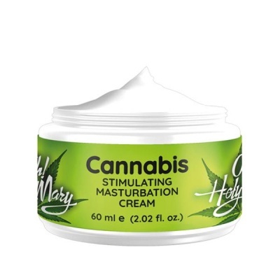 Creme estimulante cannabis em frasco branco com rótulo verde e texto
