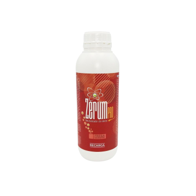 Frasco branco com rótulo vermelho e texto 'Zerum Pro', sabor 'Fresa'