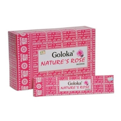 Caixas de incenso Goloka NATURES ROSE rosa e branco com texto e desenho de rosa