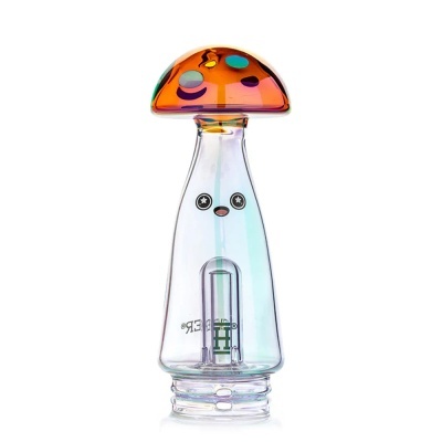 Frasco de vidro transparente em forma de cogumelo com tampa alaranjada colorida