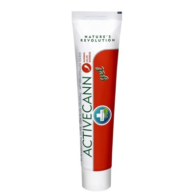 Tubo de gel Activecann branco e vermelho com selo laboratorial