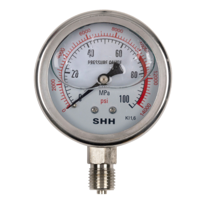 Manómetro redondo com escalas de pressão em MPa e psi e estrutura metálica