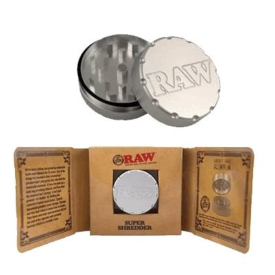Triturador metálico RAW prateado com embalagem de cartão castanha