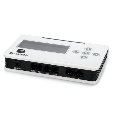 Dispositivo eletrônico branco com várias portas de ligação e botões circulares