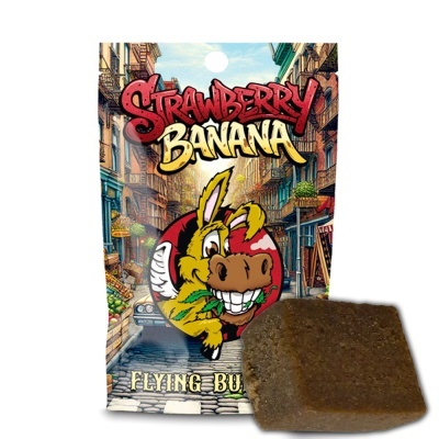 Embalagem com ilustração de burro amarelo e texto Strawberry Banana Flying Burro com produto quadrado castanho