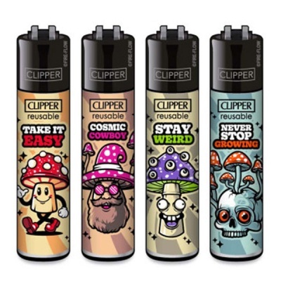 Quatro isqueiros Clipper reutilizáveis com desenhos de cogumelos e frases motivacionais.
