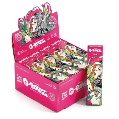 Pacote e caixa rosa de papeis para enrolar G-Rollz com ilustração de mulher fumando