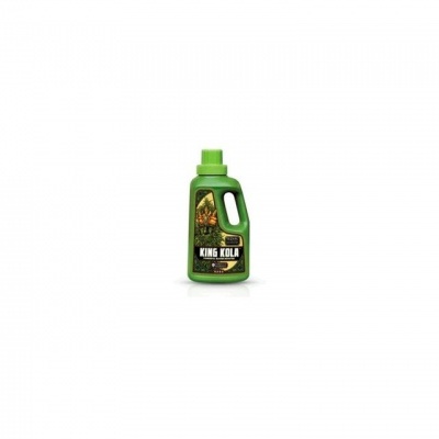 Frasco verde de produto King Kola com tampa verde e etiqueta com planta.