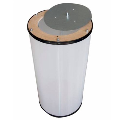 Recipiente cilíndrico branco com topo metálico