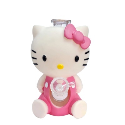 Objeto decorativo personagem branca com laço rosa e vestido rosa com partes em vidro