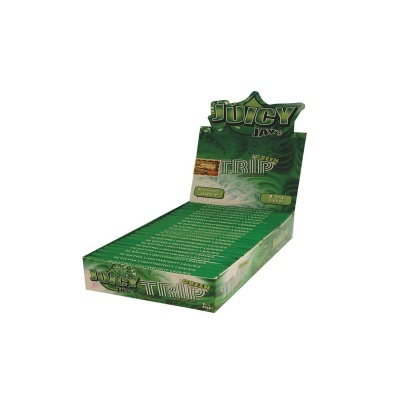 Caixa verde de papel Juicy Jays Trip aberta com vários pacotes dentro