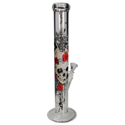 Bong de vidro transparente com design de caveira e rosas vermelhas