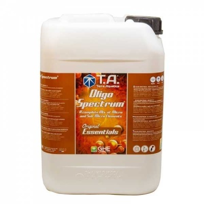 Recipiente plástico branco de produto Oligo Spectrum com etiqueta castanha e tampa preta