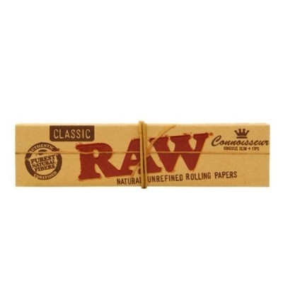 Pacote de papel RAW Classic King Size Slim castanho com texto vermelho e preto