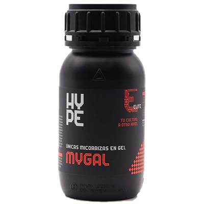 Frasco preto com rótulo preto, texto em branco e vermelho, produto MYGAL em gel.