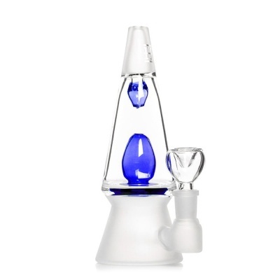 Bong de vidro transparente com detalhes azuis e base fosca branca