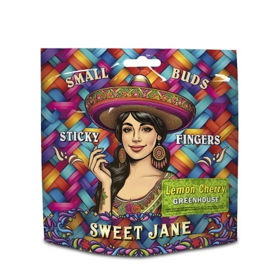 Embalagem colorida Sweet Jane com desenho de mulher de sombrero e texto Lemon Cherry Greenhouse