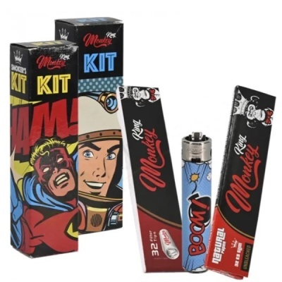Conjunto de acessórios para fumar King Monkey com design de banda desenhada e isqueiro azul com padrão de quadrinhos.