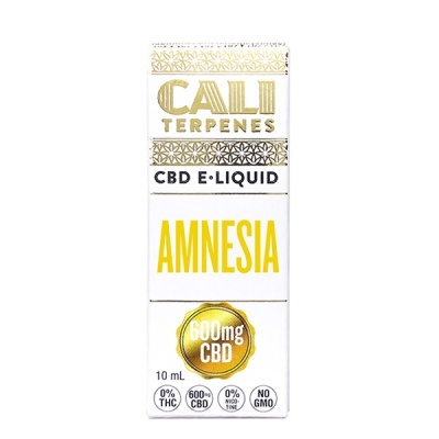 Embalagem branca e dourada de líquido para vape CBD Amnesia 600mg