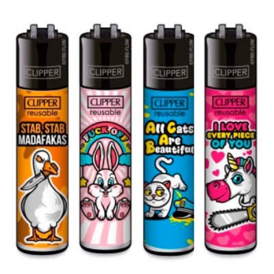 Conjunto de quatro isqueiros Clipper reutilizáveis com desenhos coloridos e textos em inglês.