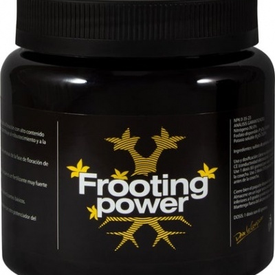 Frasco preto com etiqueta preta e amarela de produto 'Frooting power'