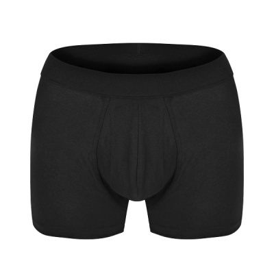Cuecas boxer pretas de tecido liso com costuras visíveis e cós elástico.