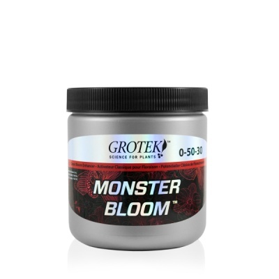 Frasco de fertilizante para plantas GROTEK Monster Bloom com tampa preta e etiqueta holográfica.