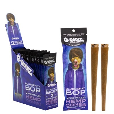 Cones de cânhamo pré-enrolados G-ROLLZ Blueberry Bop em embalagem azul roxa com imagem de cão com hoodie.