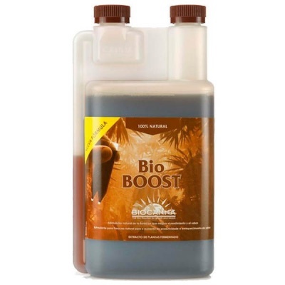 Frasco de Bio BOOST com líquido castanho e rótulo laranja