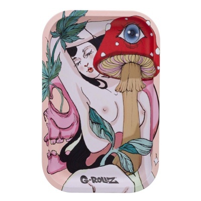 Tabuleiro colorido com ilustração de mulher nua, cogumelo vermelho com olho, plantas e crânio rosa