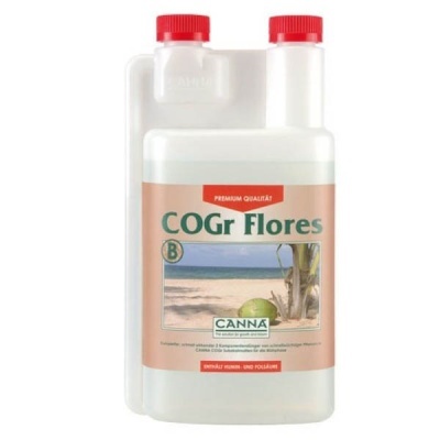 Frasco plástico translúcido com tampa vermelha e etiqueta com imagem de praia e texto COGr Flores