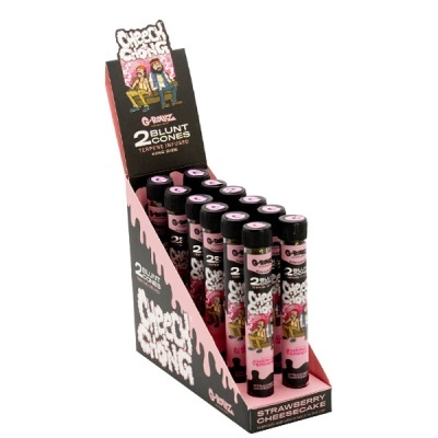 Expositor com tubos de blunt cones sabor Strawberry Cheesecake da G-ROEZ