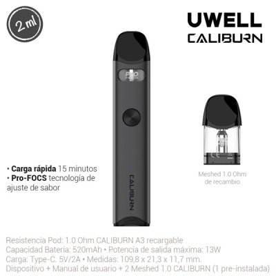 Dispositivo vaporizador preto UWELL CALIBURN com texto e resistência pod separada