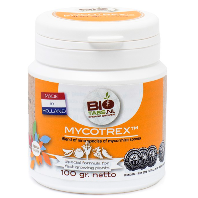 Frasco de MYCOTREX com rótulo laranja e branco e selo de qualidade
