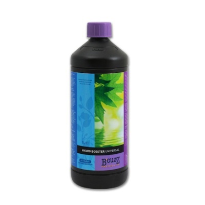Garrafa preta com tampa roxa e rótulo colorido de produto Hydro Booster Universal