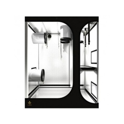 Tenda de cultivo interior preta com interior refletivo branco, aberturas para ventilação e cabos