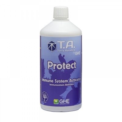 Frasco de plástico com etiqueta azul e texto Protect Immune System Activator
