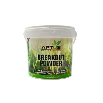 Recipiente branco APTUS Plant Tech BREAKOUT POWDER com fundo verde e texto multilingue