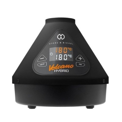 Aparelho preto em forma de cone com visor digital e texto Volcano Hybrid